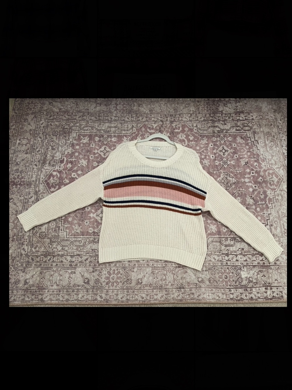 American Eagle Outfitters Cream Crewneck Sweater with Pink, Navy & Brown Stripes